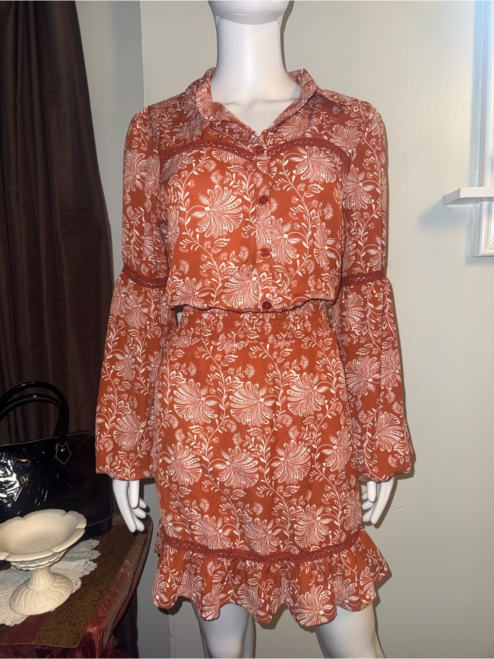 Women's Rust Floral Ruffle Mini Dress - Picture 2 of 10